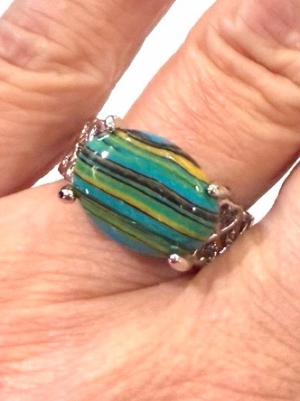 Vibrant Rainbow Calsilica Striped Oval Statement Cocktail Ring - Size 7
